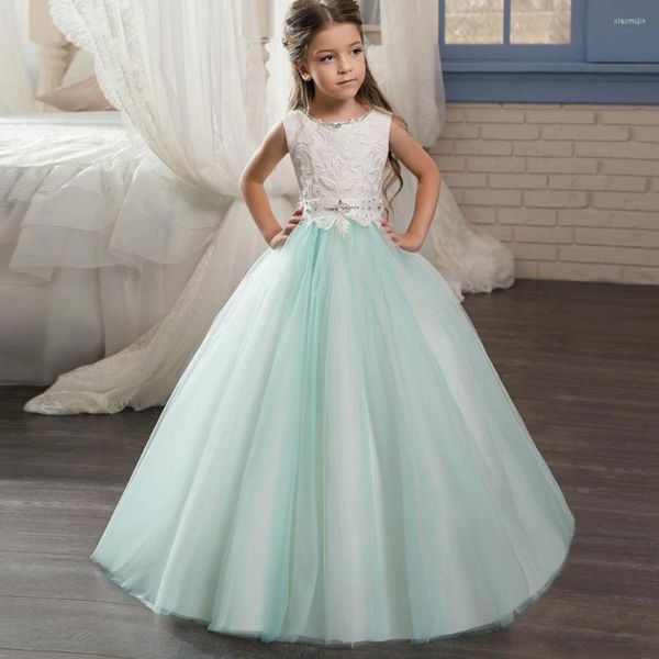 Vestidos de niña Flor de menta para bodas Vestido de fiesta Apliques de tul Encaje Con cuentas Largo Primera comunión Pequeño