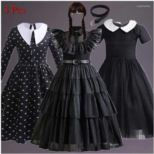 Vestidos de niña película miércoles disfraces cumpleaños princesa Vestido negro elegante Halloween carnaval Cosplay Vestido largo para niños peluca