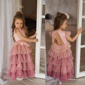 Meisje jurken mvozein a-line mooie roze bloemen kinderen gradiënt tule lagen prom jurk backless mouw celebrity