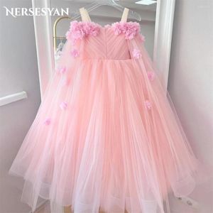 Meisje jurken nersesesyan roze elegante bloem voor bruiloft engel mouwen 3d bloemen a-line plooien tule af en toe feestjurken 2024