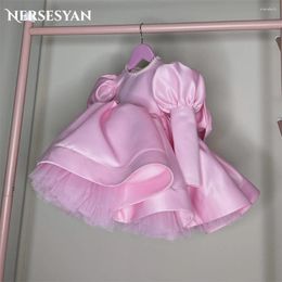 Girl Dresses Nersesesyan Pink Pearls Baby Birthday Party Jurken A-Line Puff Mouwen in Tule Flower For Wedding Gift Solid 2024