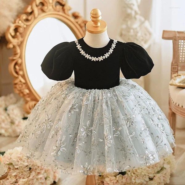 Robes de fille col rond broderie manches bouffantes enfants fête d'anniversaire robes élégant Patchwork Robe de bal princesse Robe douce fleur filles