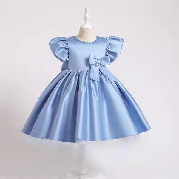 Robes de fille col rond perles bleu Satin fleur formelle genou longueur manches courtes robe de demoiselle d'honneur junior robes de réception