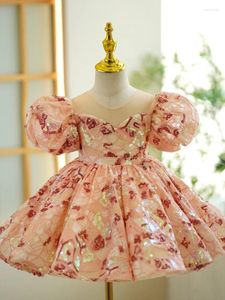 Robes de fille col rond manches bouffantes Simple élégant enfants fête d'anniversaire taille mince robe de bal princesse robes douce fleur filles robe