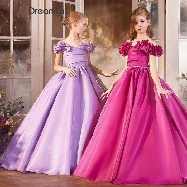 Robes de fille hors-épaule Satin à volants princesse robe de fête d'anniversaire fleur robe de bal bouffant haut soirée pour les enfants