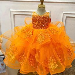 Meisjesjurken oranje gelaagde peals bloem voor feest kristal kanten applique prom girls optocht jurk kinderen kind verjaardag jurken