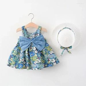 Robe fille robe de princesse pastorale avec chapeau bébé vêtements de plage arc pour enfants sur poitrine