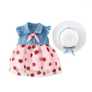 Vestidos de niña Patchwork manga de princesa sombrero de fresa vestido bebé niñas Denim tul conjunto infantil 6M-3Y encaje burdeos