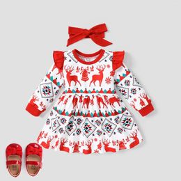 Vestidos de niña PatPat 2 piezas bebé dulce Navidad vestido de manga ondulada/conjunto de diadema