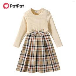 Robes de fille PatPat enfant robe Bowknot conception côtelé Plaid épissure à manches longues filles enfants pour vêtements