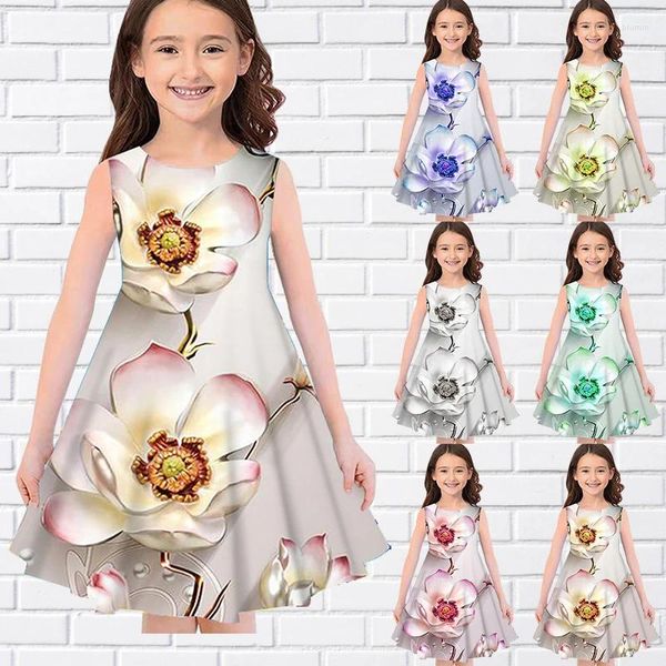 Robes d'été sans manches pour filles, tenue longue décontractée à col rond, imprimée en 3D, à la mode, pour enfants de l'Aïd