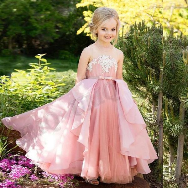 Vestidos de niña, Vestido de princesa rosa melocotón con flores, escote redondo, trajes de fiesta de boda para niños, traje Formal de primera comunión
