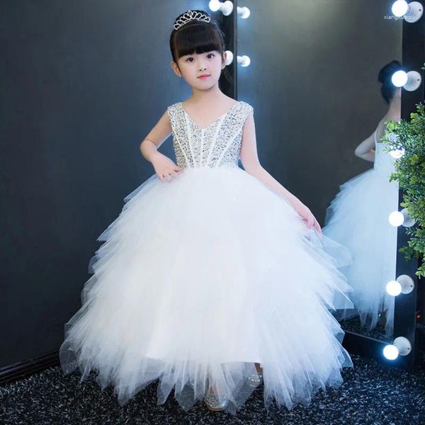 Robes de fille perles Pageant élégant blanc Tulle dentelle enfants fleur robes de soirée pour les mariages vêtements de première Communion