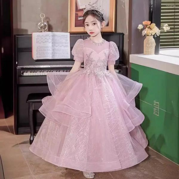 Robes de fille robe de performance de piano 2024 rose super immortel fleur floffy princesse petite marche modèle