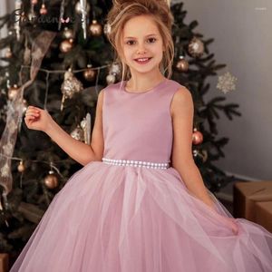 Robes de fille rose a-ligne fleur Gril col rond perles dos nu nœud Tulle enfant robe de soirée d'anniversaire belle simple robe de bal de mariage enfant