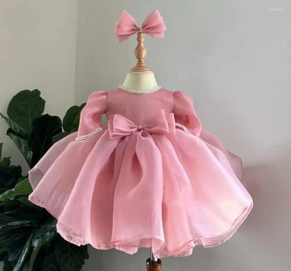 Robes de fille rose robe de bébé noeud gonflé avec manches longues première communion genou longueur fleur enfants cadeau