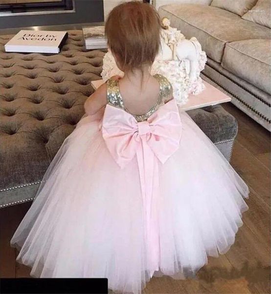 Robes de fille rose bébé filles robe d'anniversaire fleur avec nœud paillettes haut gonflé enfants vêtements Size1-16Years