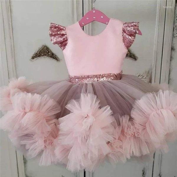 Robes roses pour petites filles, longueur aux genoux, bouffantes, robes d'anniversaire pour nourrissons, Tutu à fleurs avec nœuds à paillettes