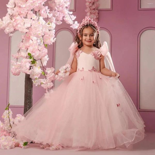 Vestidos de niña, vestido de baile rosa, apliques de flores sin mangas, vestidos de desfile de cumpleaños para niños, cintas elegantes, batas Pograpghy para niños