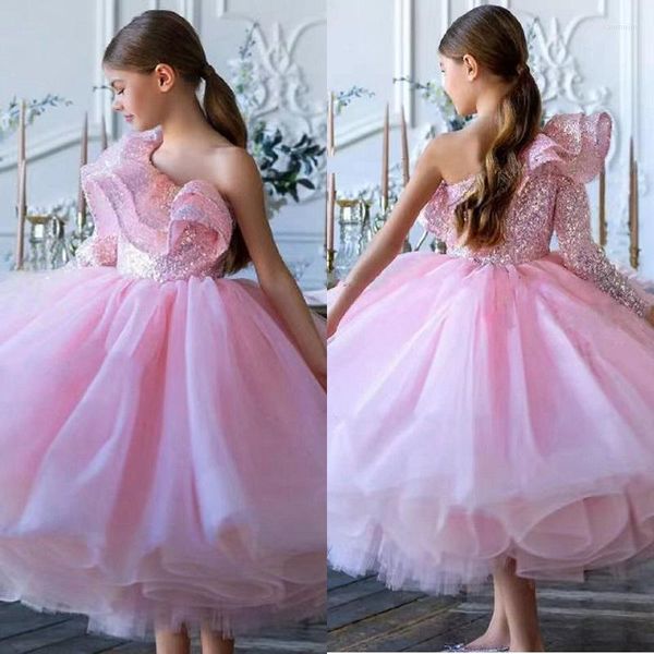 Vestidos de niña Vestido de fiesta rosa Flor para boda Correas espaguetis Princesa Niños Piano Rendimiento Niños de lujo Desfile de noche