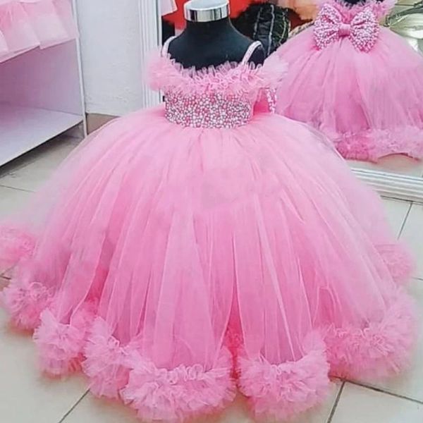 Vestidos de niña, vestido de fiesta rosa, flor hinchada, hombros descubiertos, correas sin mangas, cuello, fiesta de cumpleaños para niños, vestido de primera comunión