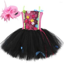 Vestidos de niña, vestido tutú de flores rosas y negras para niñas, disfraces de cumpleaños y Halloween, traje de princesa elegante para niños con sombrero y horquilla