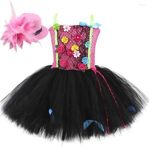 Robes Tutu à fleurs roses et noires pour filles, Costumes d'anniversaire et d'halloween, tenue de princesse fantaisie avec chapeau et épingle à cheveux pour enfants