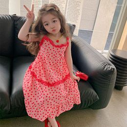Fille robes robe rose pour enfants filles vêtements d'été 2023 à pois sans manches sangle fronde robe d'été vacances plage princesse