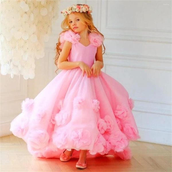 Robes de fille rose fleur 3D fleurs haut bas col en V à volants Tulle dos nu pour robes de concours de mariage robe d'anniversaire pour enfants