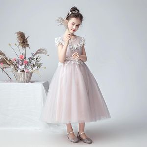 Fille Robes Rose Fleur Robe Pour Mariage Applique Tulle Cap Manches Filles Formelle Princesse Parti Pageant Robes Junior Demoiselle D'honneur