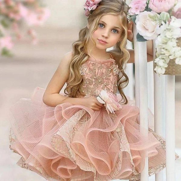 Robes de fille robe de fleur rose pour le mariage appliques sans manches gonflées longueur au genou princesse fête d'anniversaire robes de première communion
