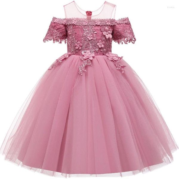Robes de fille rose robe à fleurs en dentelle Tulle bouffant à manches courtes avec nœud princesse pour la fête de mariage robes de bal de première Communion mignonnes