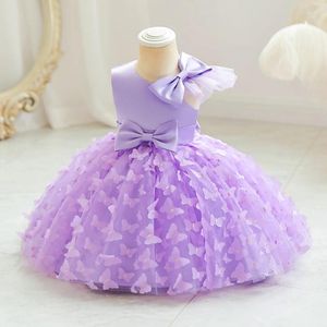 Robes de fille rose robe à fleurs de mariage Tulle Applique papillon avec nœud épaule dénudée bébé fête d'anniversaire robes de bal pour les enfants