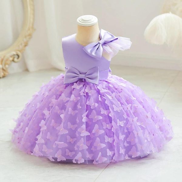 Robes de fille rose robe à fleurs de mariage Tulle Applique papillon avec nœud épaule dénudée bébé fête d'anniversaire robes de bal pour les enfants