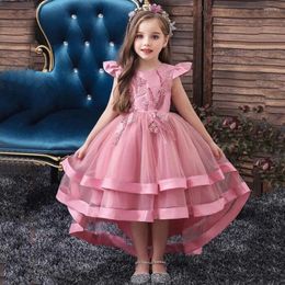 Robes à fleurs roses pour filles, pour mariage, col rond, en Tulle, manches courtes, avec des appliques, pour fête de Banquet de noël, avec nœud, robe de concours