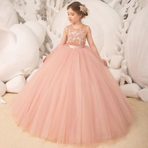 Robes de fille rose fleur dentelle motif gonflé avec Long Train Tulle anniversaire princesse première Communion robe de mariée