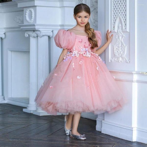 Robes de fille rose fleur Tulle 3d Applique manches courtes bouffantes princesse fête d'anniversaire robe de bal noël beauté robe de concours