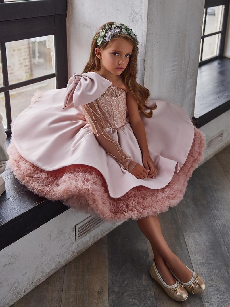 Vestidos de niña rosa esponjoso en capas de manga larga con un solo hombro lentejuelas 2023 vestido de flores boda linda fiesta de comunión infantil
