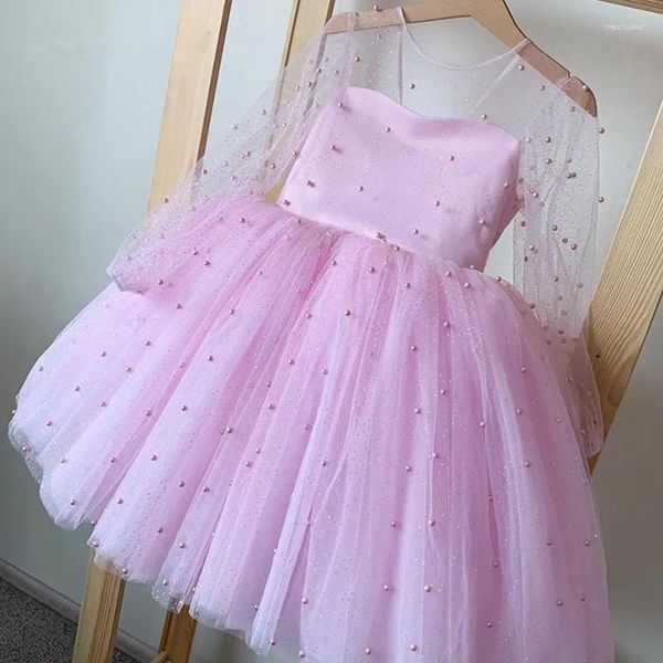 Vestidos de niña de tul con purpurina rosa, vestido de niña con perlas esponjosos, Vestidos de primera comunión de manga larga con flores para niña