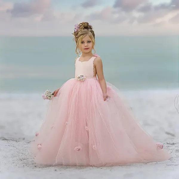 Robes de fille rose enfants fête d'anniversaire première communion robes de bal tulle bouffant sans manches appliques dentelle robe de fleur élégante pour le mariage