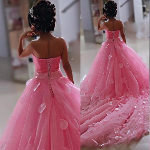 Vestidos de niña rosa para niños, flores de boda para niñas, flores hechas a mano en 3D, tren de capilla con lazo grande, vestido de primera comunión de princesa