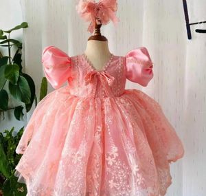 Robes de fille en dentelle rose, robe de bébé à manches courtes, longueur aux genoux, robe d'anniversaire pour enfants de 12 à 18 mois et de 24 mois