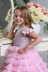 Robes de fille rose en Tulle à fleurs, robe de mariage élégante en dentelle, cadeau de fête d'anniversaire de première Communion pour enfant