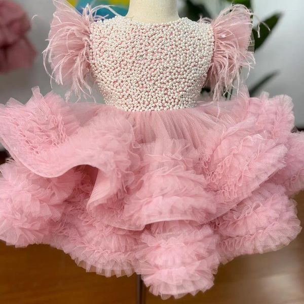 Vestidos de niña, vestido de flores de tul en capas rosa para boda, hinchado con perlas, vestidos de primera comunión para fiesta de cumpleaños para bebés y niños