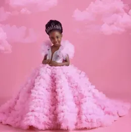 Robes de fille rose luxueux cristaux brillants fleur robe de bal col en V Tulle petits enfants robes de concours d'anniversaire