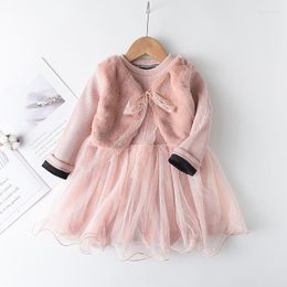 Vestidos de niña Vestido de princesa rosa para un vestido de pelota Baby Midi manga larga redonda de pelaje peleador de pelos de malknot plisado falda para niños pequeños