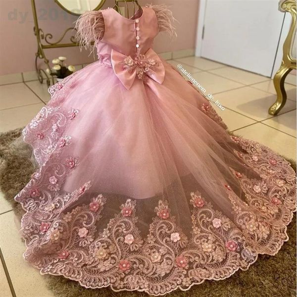 Vestidos de niña Princesa rosa Pluma Flor Con cuentas Volantes Joya Cuello Gilrs Vestido de desfile Niños pequeños Primera comunión