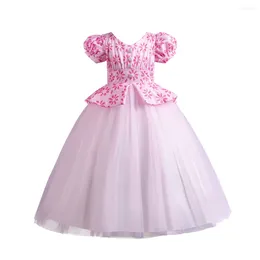 Robes de fille rose à manches bulles imprimées rose robe gonflée en maille pour les filles âgées de 4 à 14 ans.