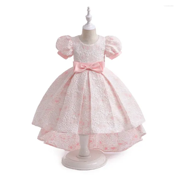 Robes de fille Pink Puffy Sleeves Imprimé Flower Robe Princess Hi-Low Host Performance Performance Kids Party Party Arever