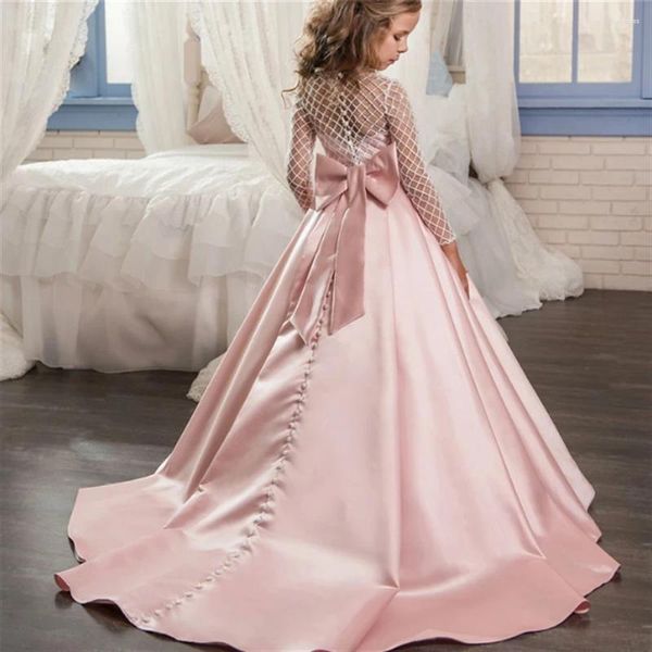 Robes de fille rose Satin première communion Grille Grille à manches longues à manches à manches longues Robe de mariage Ball Prom Ball Beauty Pageant Robe